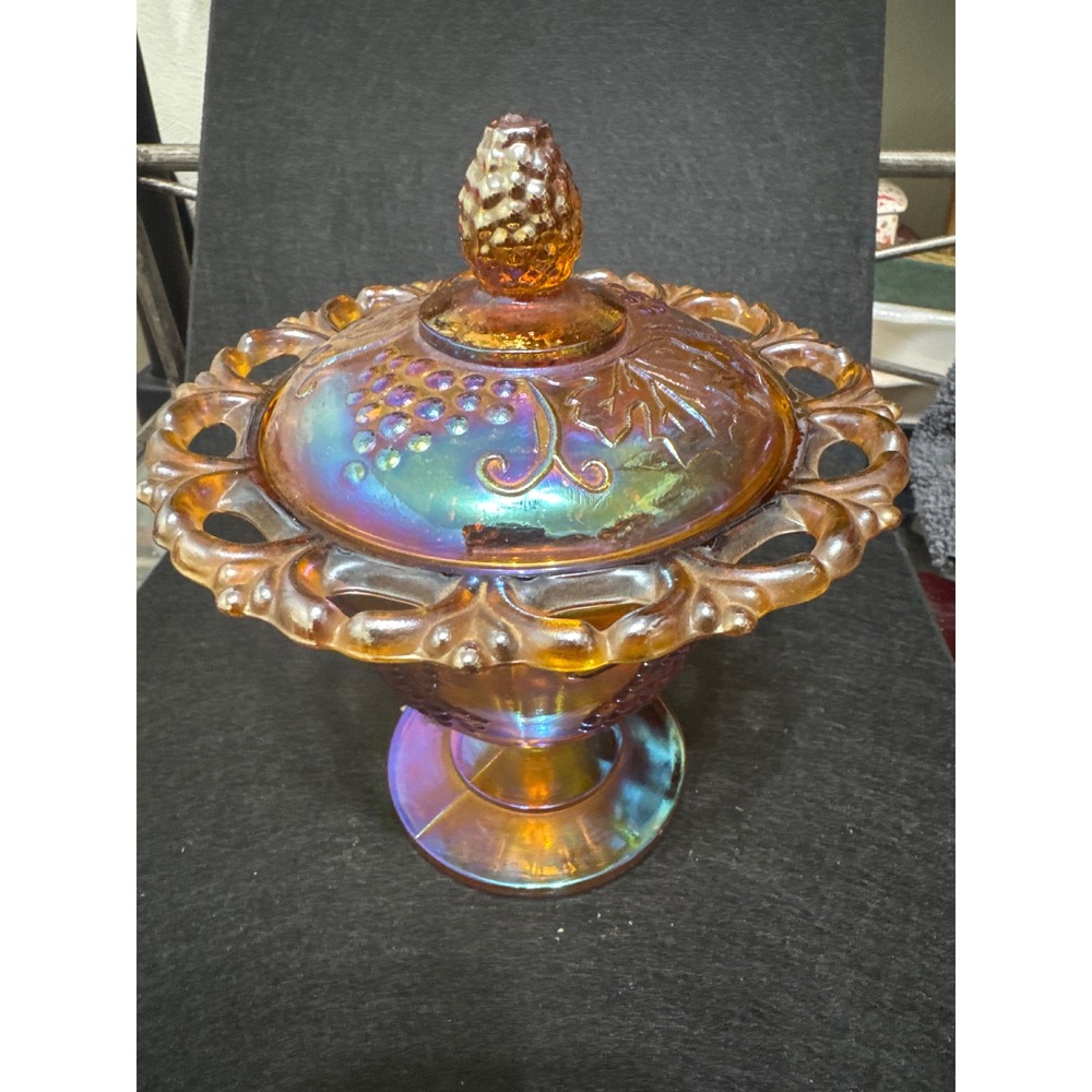 Vintage Carnival Glass Candy Dish Footed Bowl Iridescent Grape Vine Lidded